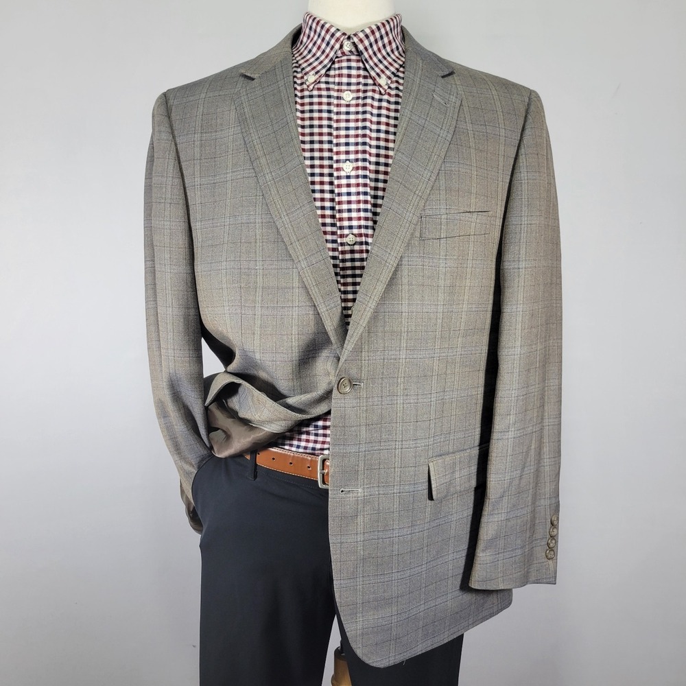 Joseph Feiss Men's Sport Coat Blazer Two Button Brown Plaid Wool Classic‎ 46R